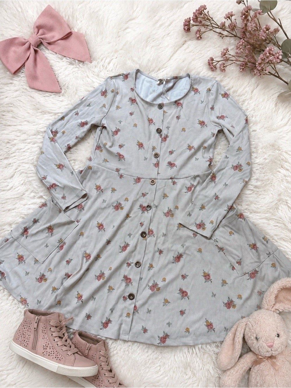 Kids Floral Button-Front Long Sleeve Dress